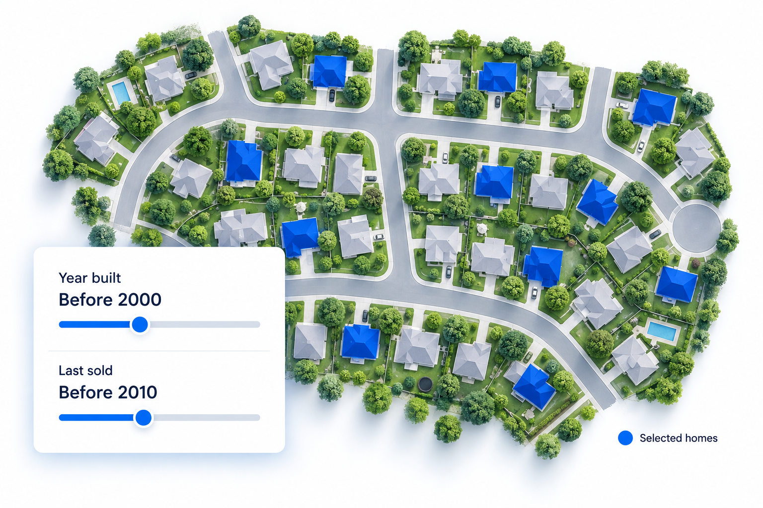 Selected individual homes highlighted in blue, beside property filters for year built and last sold.