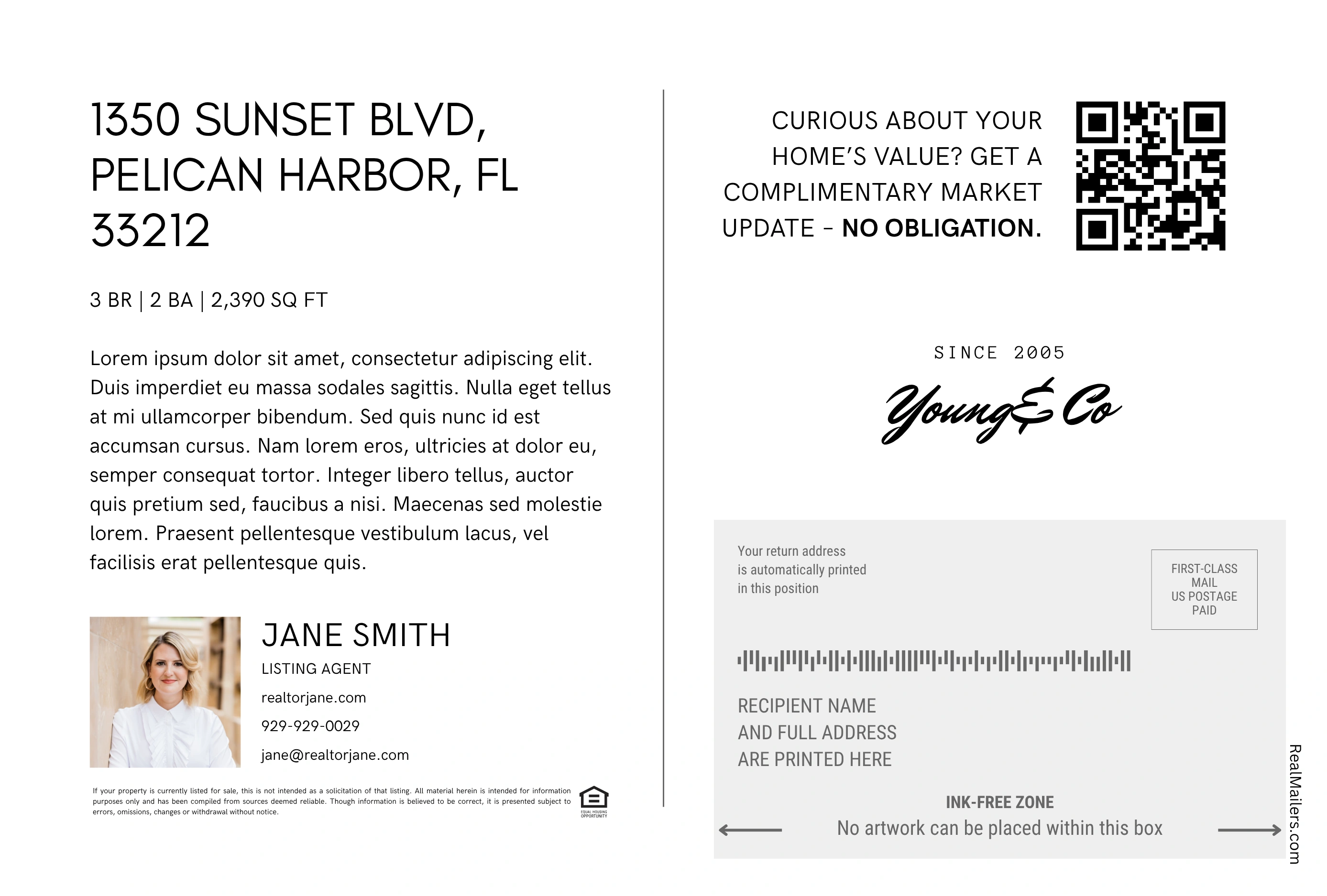 Reverse of the listing postcard with listing details, agent information, QR code, and mailing area.